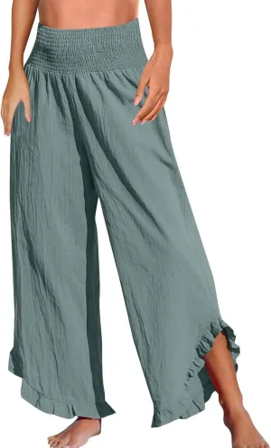 GOFULY Lined Pants Women Wide Leg Casual High Waisted Beach Pants with Pockets Elastic Waist Summer Elegant Solid Clothes
