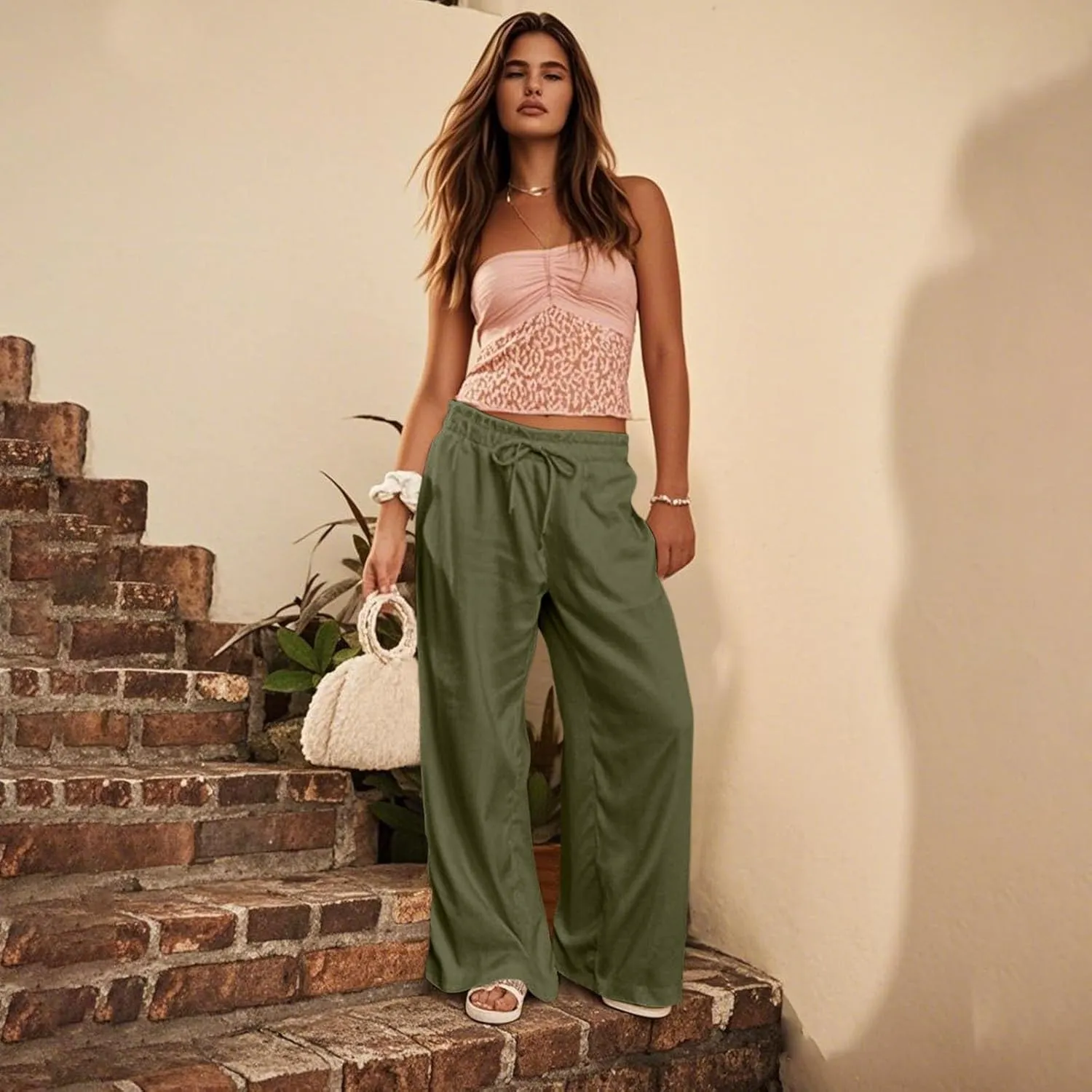 GOFULY Linen Pants for Women Wide Leg Trendy High Waisted Pants with Pockets Elastic Waist Drawstring Summer Solid Clothes
