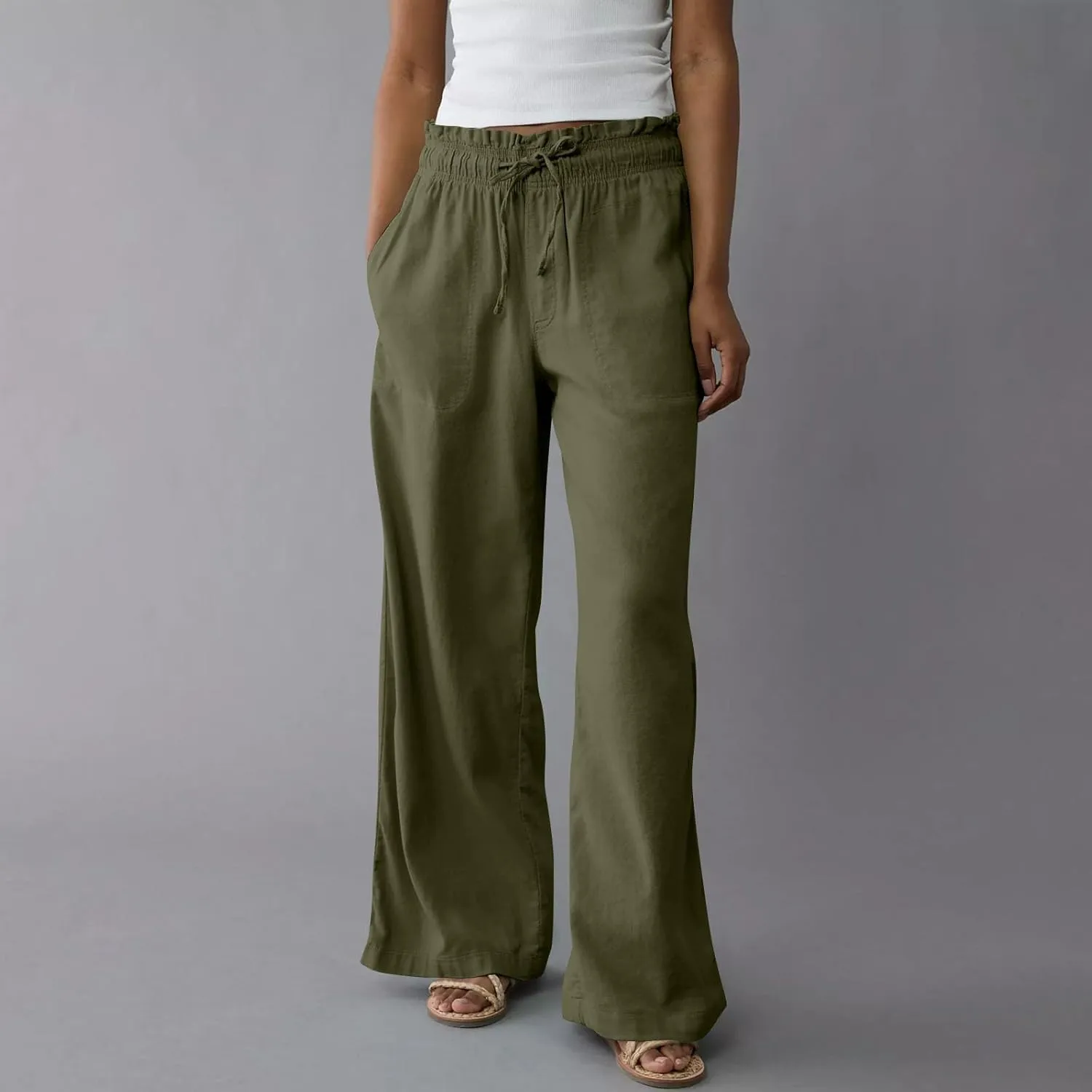 GOFULY Linen Pants for Women Wide Leg Trendy High Waisted Pants with Pockets Elastic Waist Drawstring Summer Solid Clothes