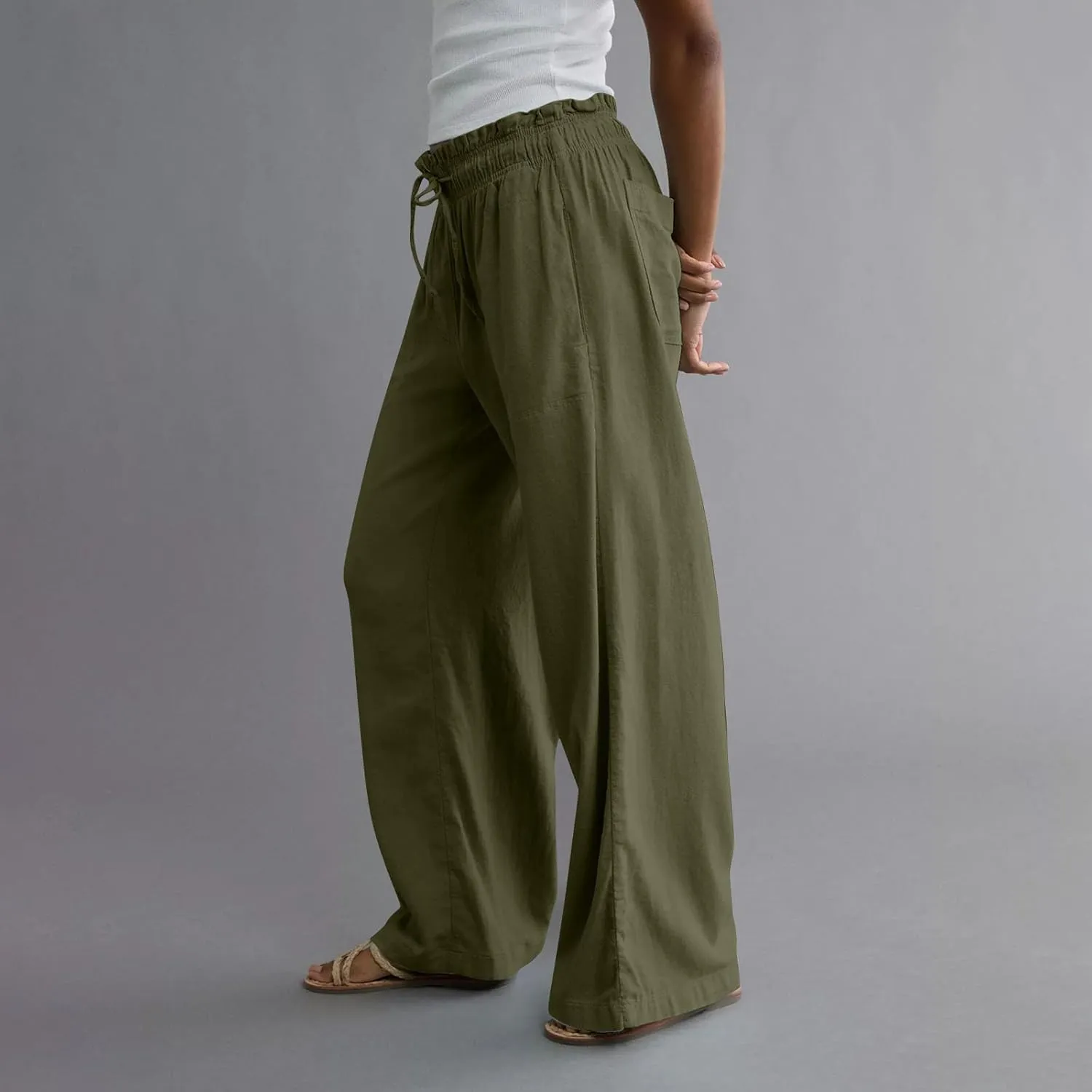 GOFULY Linen Pants for Women Wide Leg Trendy High Waisted Pants with Pockets Elastic Waist Drawstring Summer Solid Clothes