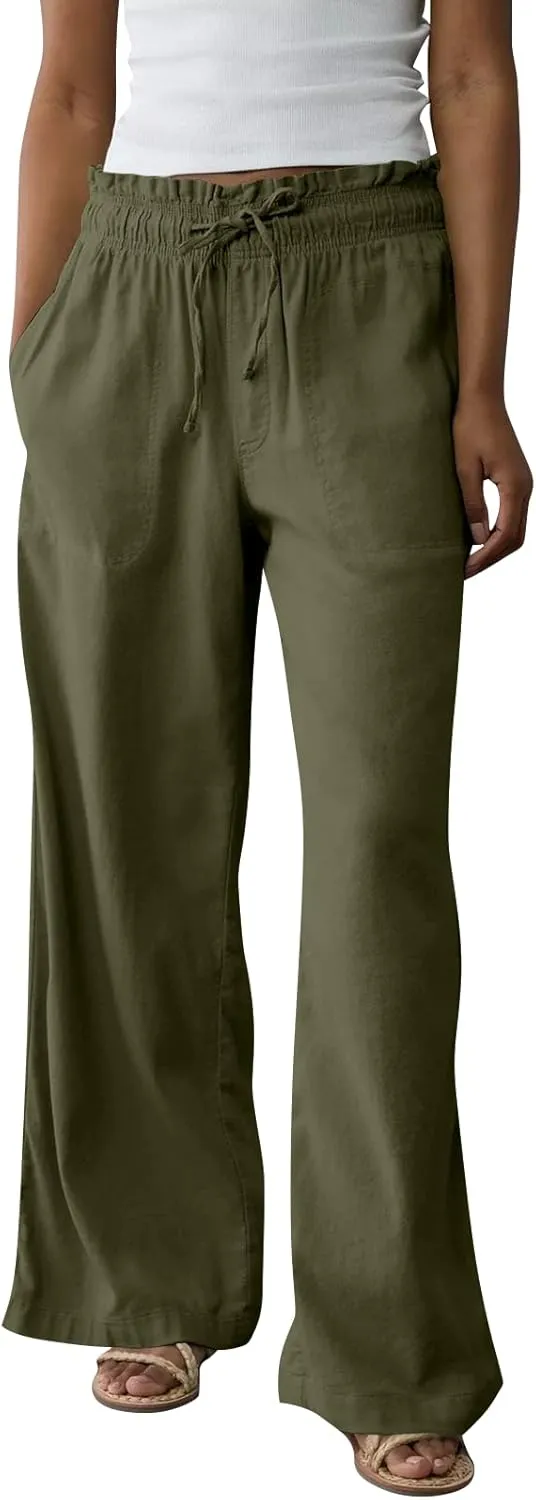 GOFULY Linen Pants for Women Wide Leg Trendy High Waisted Pants with Pockets Elastic Waist Drawstring Summer Solid Clothes