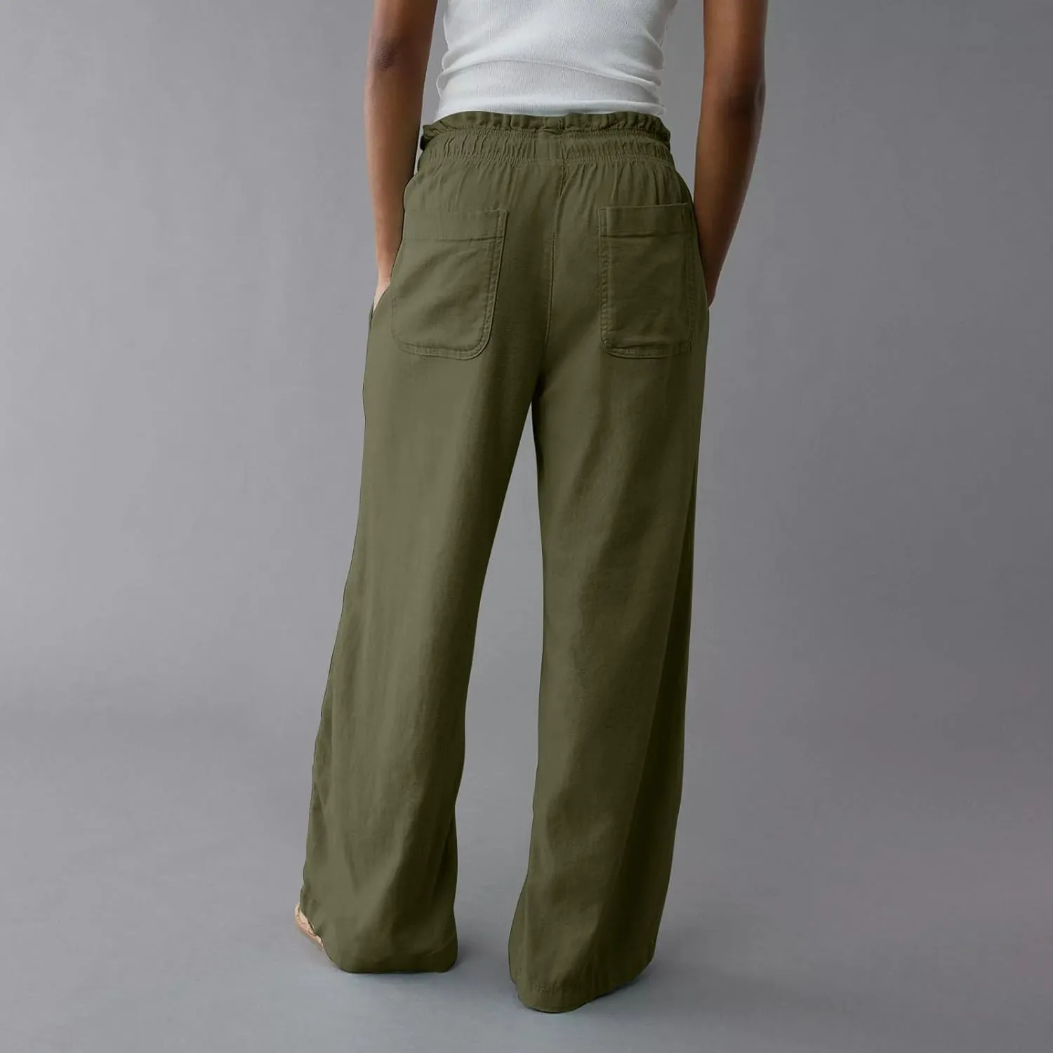 GOFULY Linen Pants for Women Wide Leg Trendy High Waisted Pants with Pockets Elastic Waist Drawstring Summer Solid Clothes
