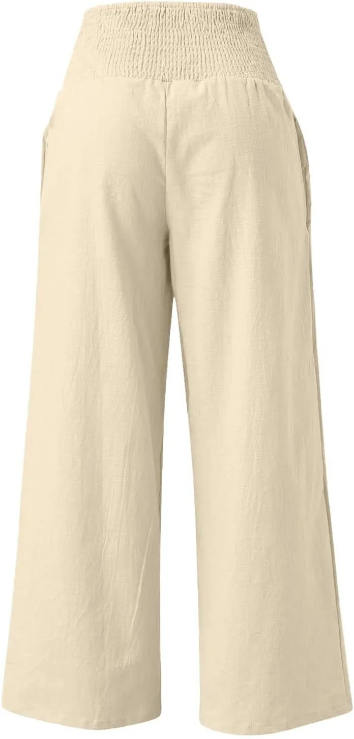 GOFULY Wide Leg Pants for Women Cotton Linen 2025 Summer Elastic Waist Palazzo Pants High Waisted Pocket Baggy Solid Clothes
