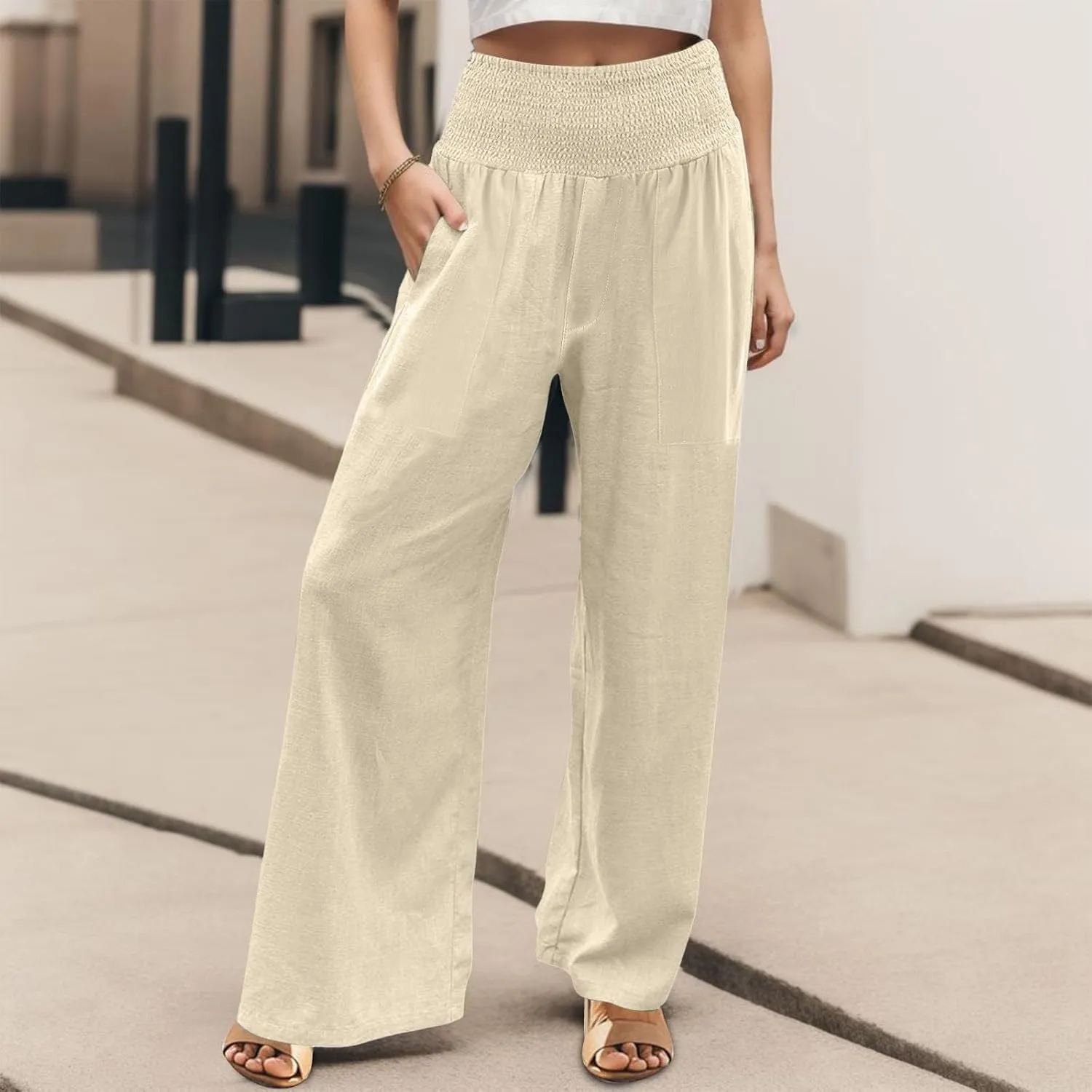 GOFULY Wide Leg Pants for Women Cotton Linen 2025 Summer Elastic Waist Palazzo Pants High Waisted Pocket Baggy Solid Clothes