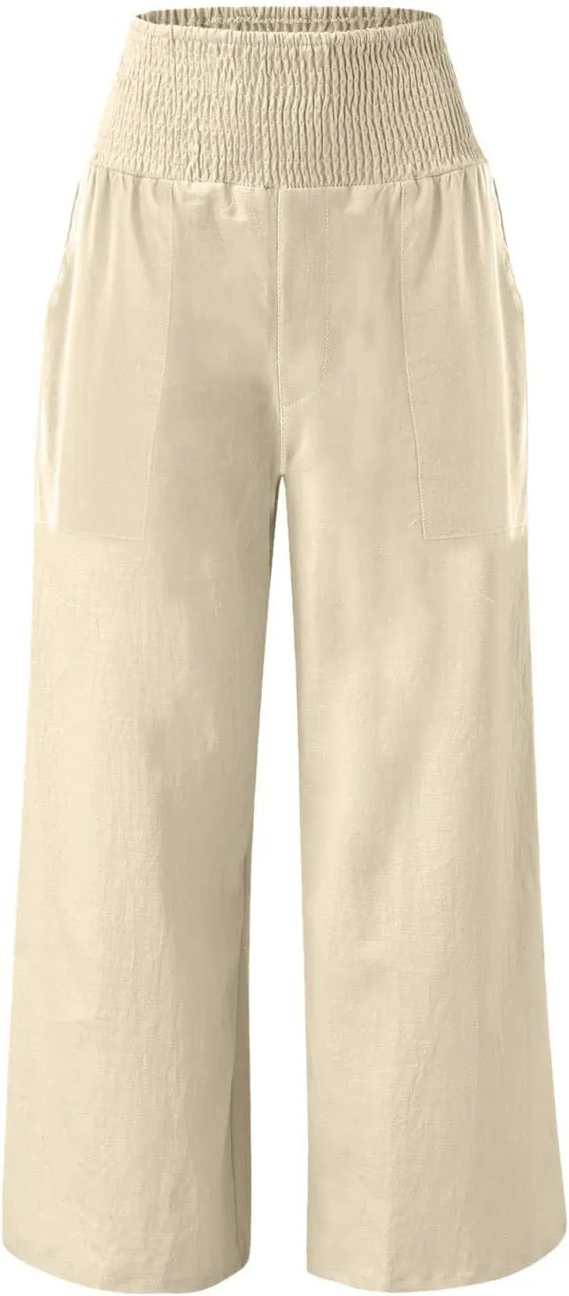 GOFULY Wide Leg Pants for Women Cotton Linen 2025 Summer Elastic Waist Palazzo Pants High Waisted Pocket Baggy Solid Clothes