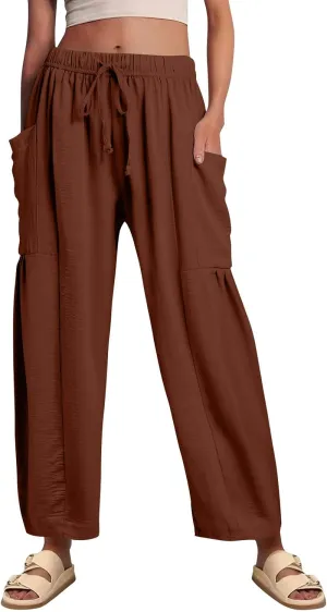 GOFULY Womens Linen Pants Wide Leg Casual High Waisted Casual Pants Drawstring Elastic Waist Summer Solid Clothes Pockets
