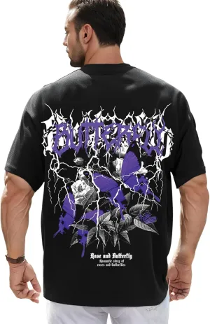 GORGLITTER Men's Gaphic Tee Y2k Butterfly Letter Print Short Sleeve Round Neck T Shirt Top Black XX-Large