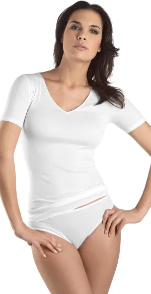 HANRO Women's Cotton Seamless Short Sleeve V-Neck Shirt 71603