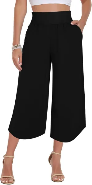 High Waist Capri Pants for Women Wide Leg Flowy Cropped Trousers Slim Fit Slit Hem Capris Casual Summer Crop