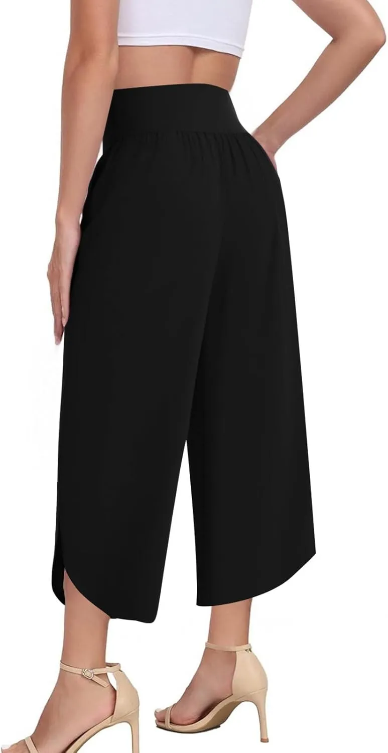 High Waist Capri Pants for Women Wide Leg Flowy Cropped Trousers Slim Fit Slit Hem Capris Casual Summer Crop