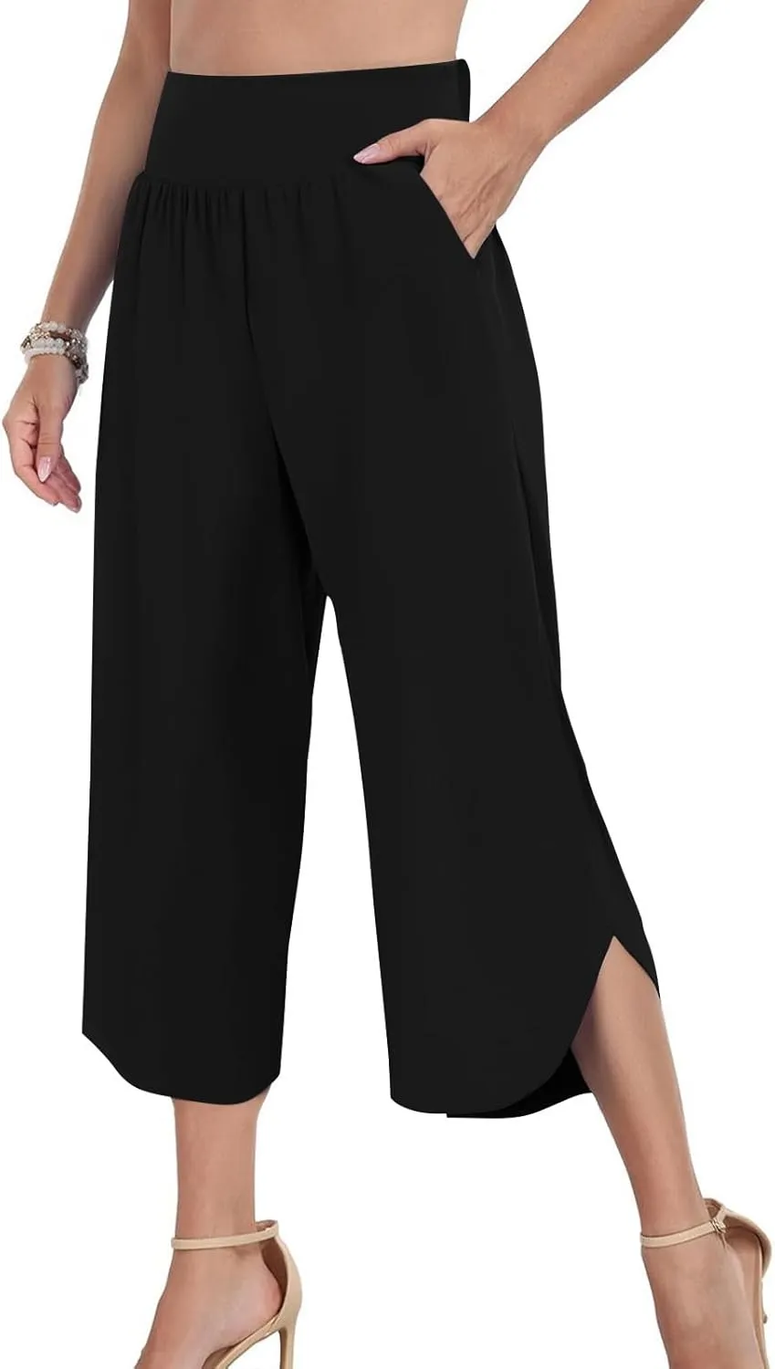 High Waist Capri Pants for Women Wide Leg Flowy Cropped Trousers Slim Fit Slit Hem Capris Casual Summer Crop
