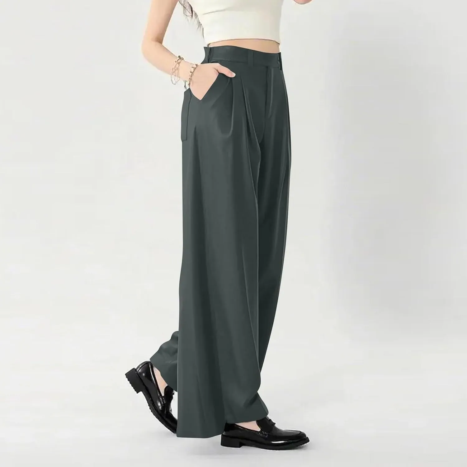 High Waist Flowy Office Work Pants Women with Pleated Elastic Waist Wide Leg Pants Women for Business Casual Slacks