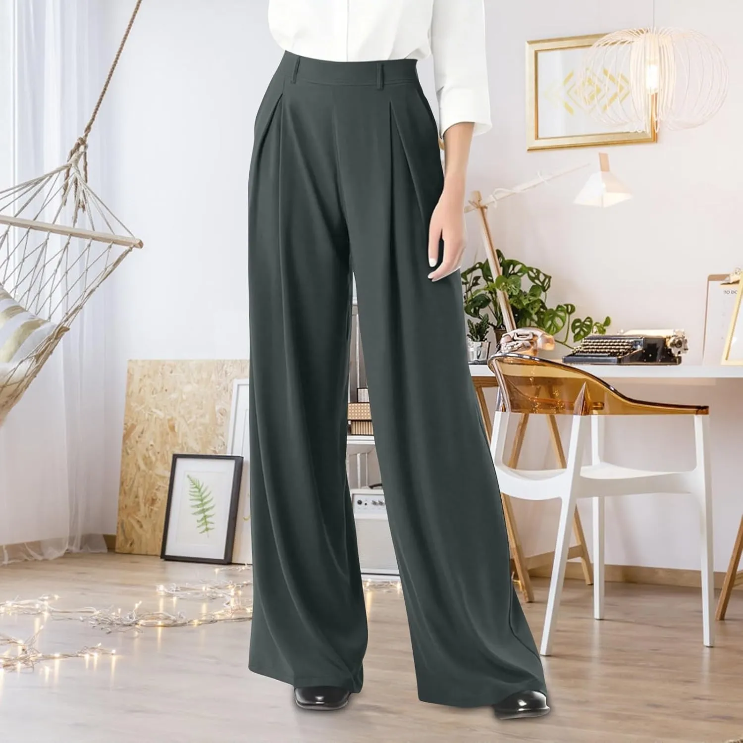 High Waist Flowy Office Work Pants Women with Pleated Elastic Waist Wide Leg Pants Women for Business Casual Slacks
