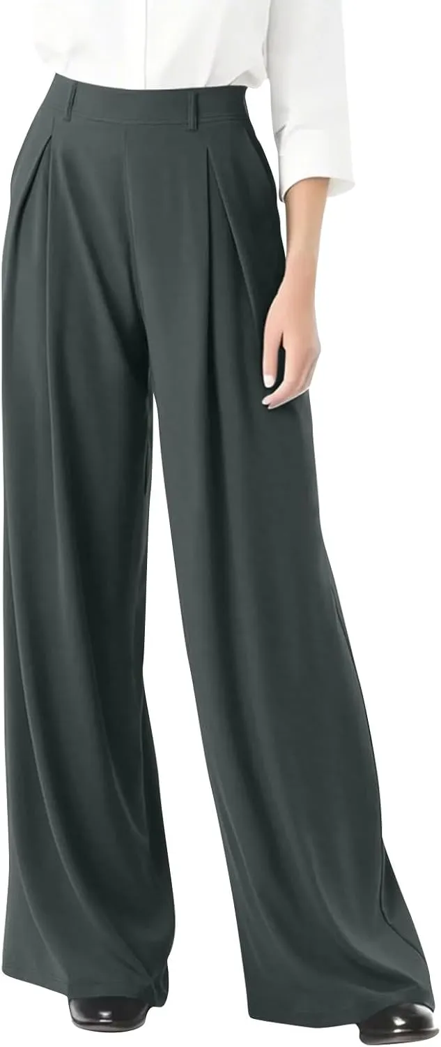 High Waist Flowy Office Work Pants Women with Pleated Elastic Waist Wide Leg Pants Women for Business Casual Slacks