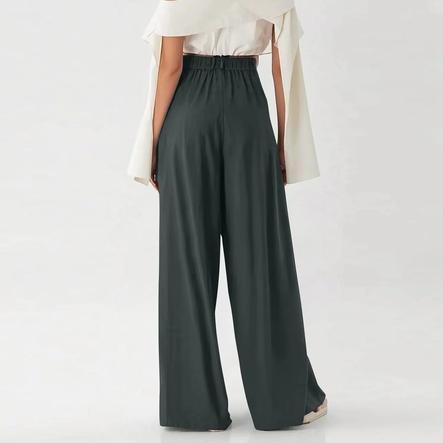 High Waist Flowy Office Work Pants Women with Pleated Elastic Waist Wide Leg Pants Women for Business Casual Slacks