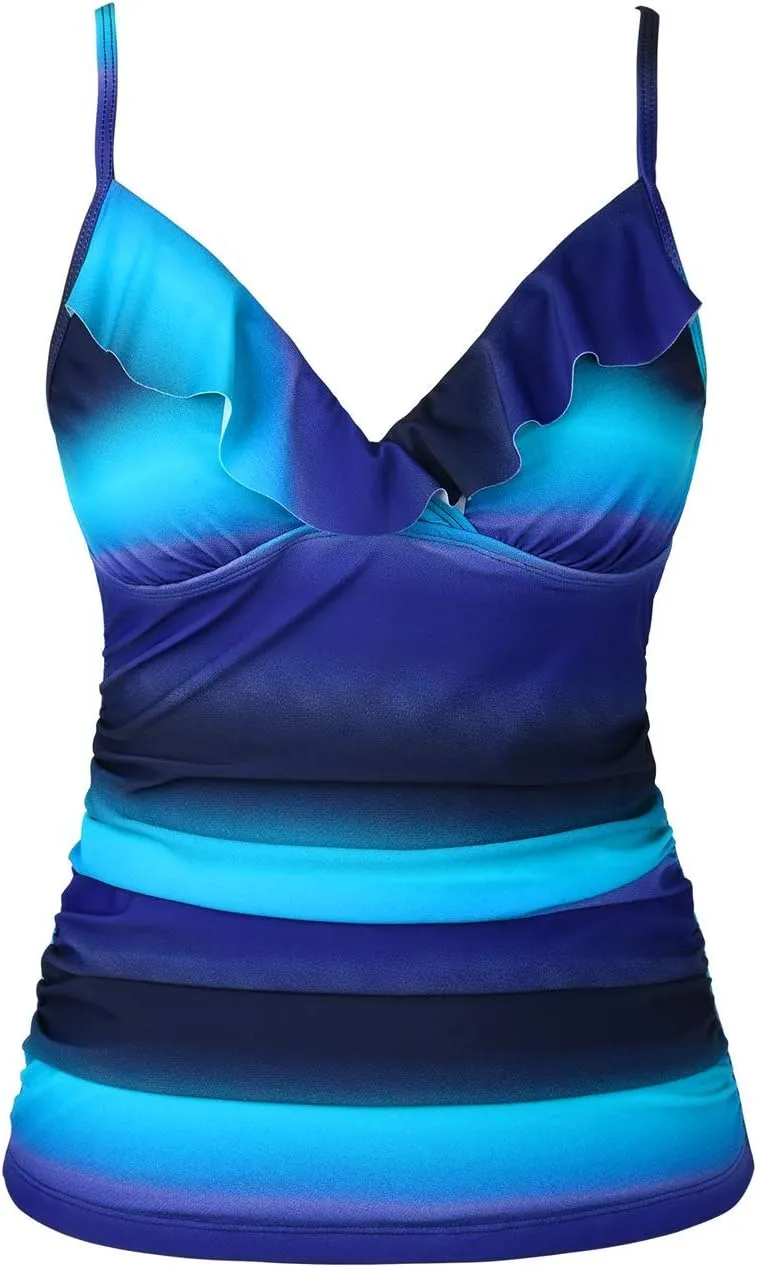 Hilor Women's Tankini Tops Shirred Ruffled Swimsuits V Neck Swimwear Top