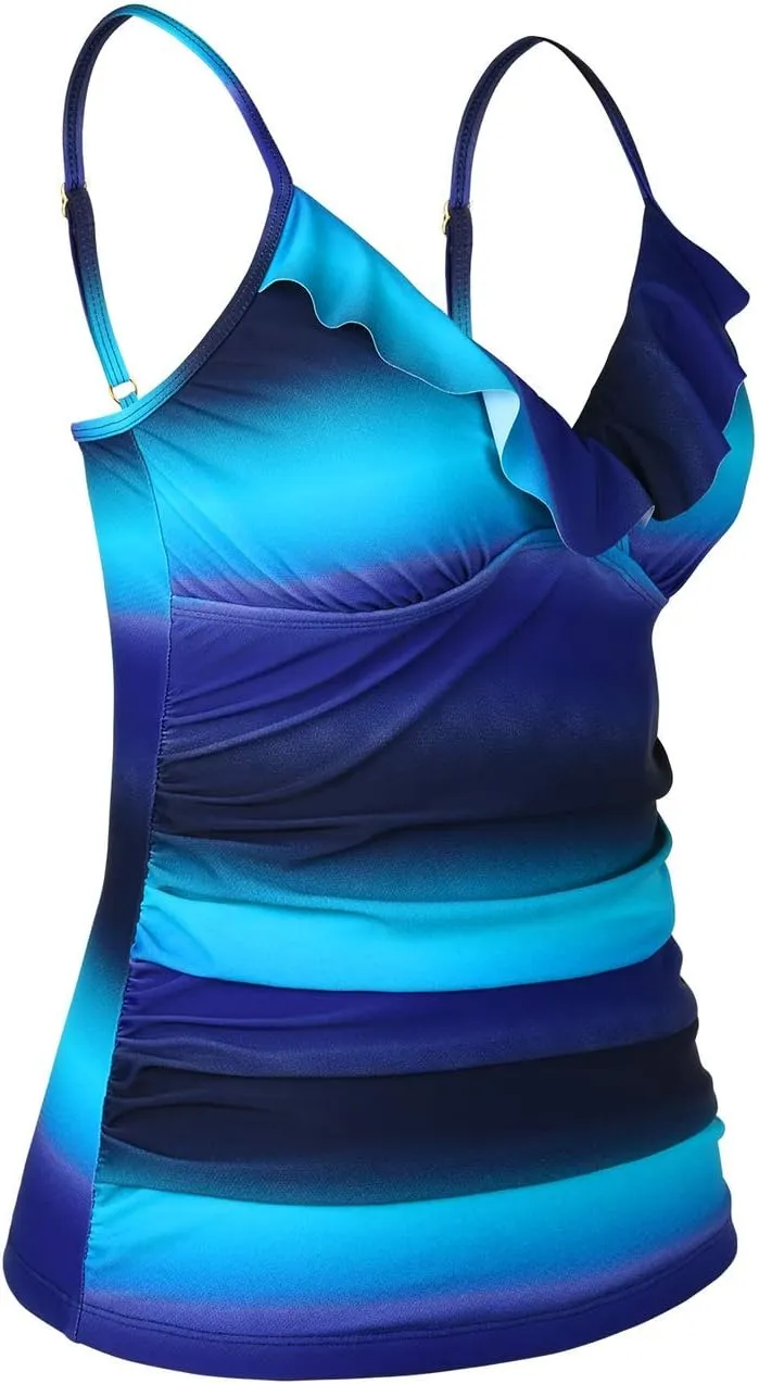 Hilor Women's Tankini Tops Shirred Ruffled Swimsuits V Neck Swimwear Top