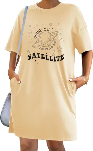 HOTOUCH Women's T Shirt Casual Dress Oversized Graphic Print Short Sleeve O Neck Beach Dress with Pockets Nightgown