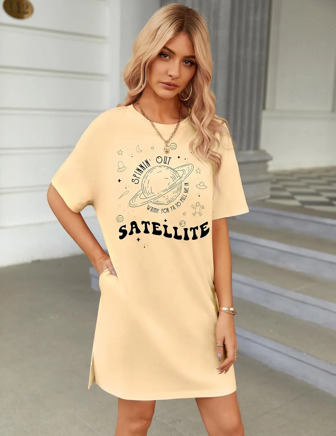 HOTOUCH Women's T Shirt Casual Dress Oversized Graphic Print Short Sleeve O Neck Beach Dress with Pockets Nightgown