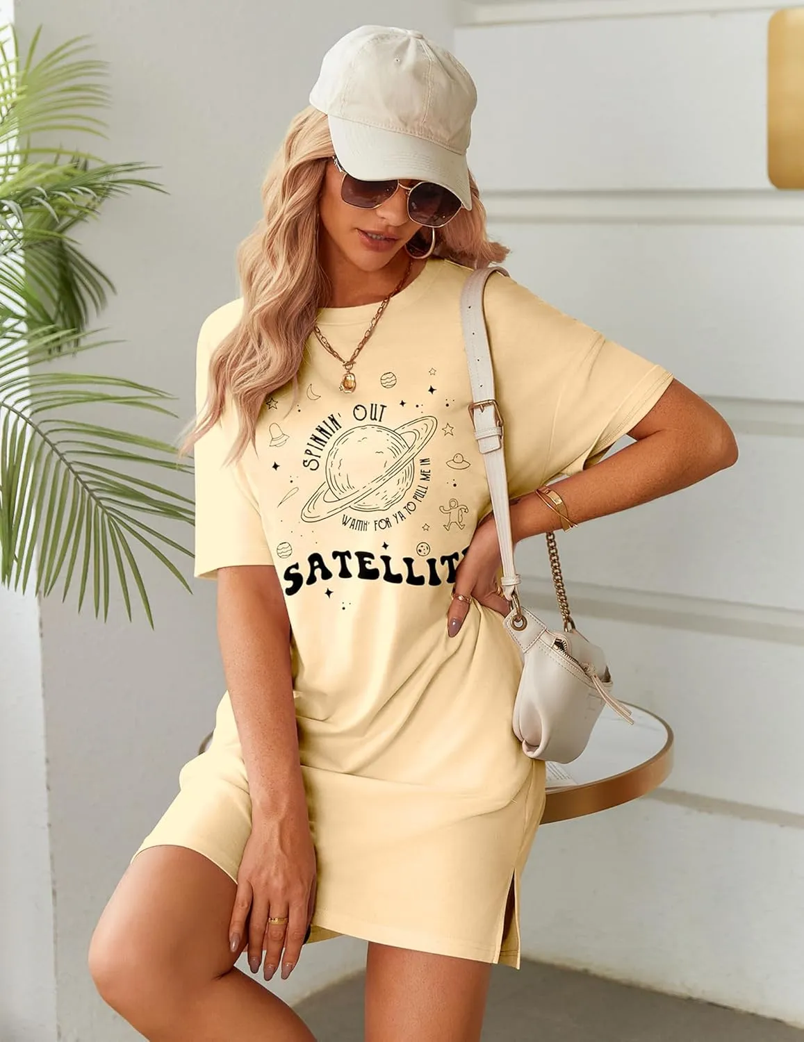 HOTOUCH Women's T Shirt Casual Dress Oversized Graphic Print Short Sleeve O Neck Beach Dress with Pockets Nightgown