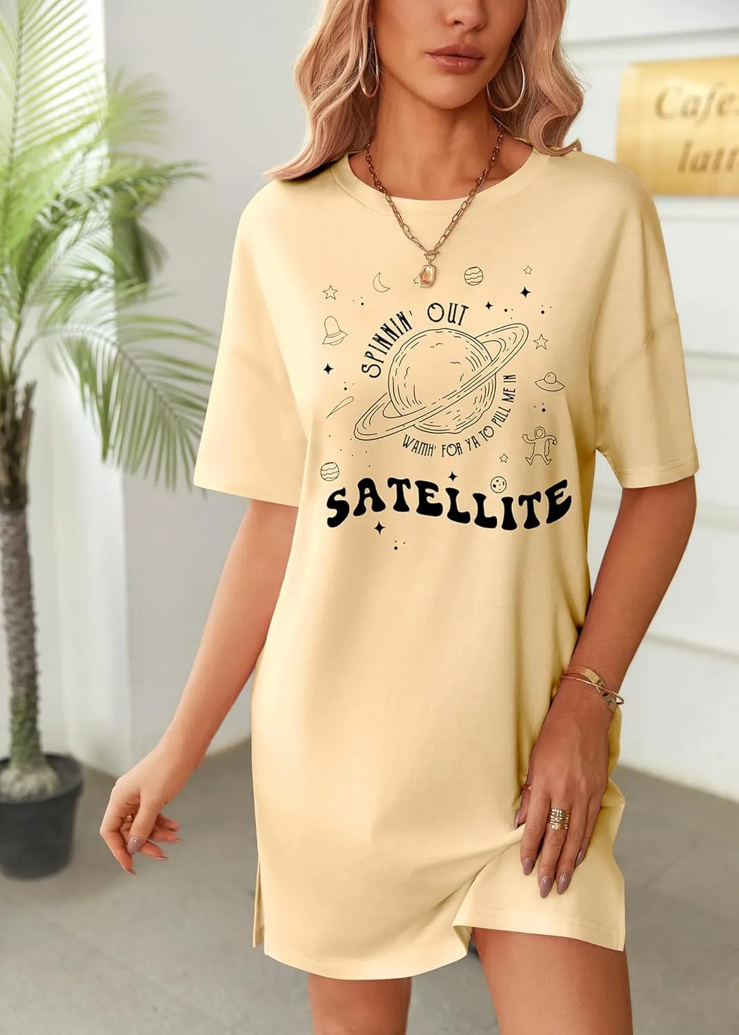 HOTOUCH Women's T Shirt Casual Dress Oversized Graphic Print Short Sleeve O Neck Beach Dress with Pockets Nightgown