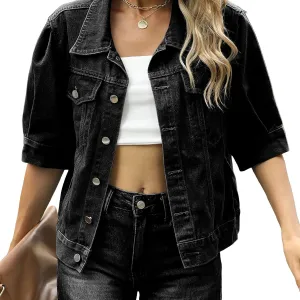 Hulpvktsgiq Women's Washed Denim Jacket Short Sleeve Turn-down Collar Button Jean Jackets Casual Coat Streetwear with Pockets