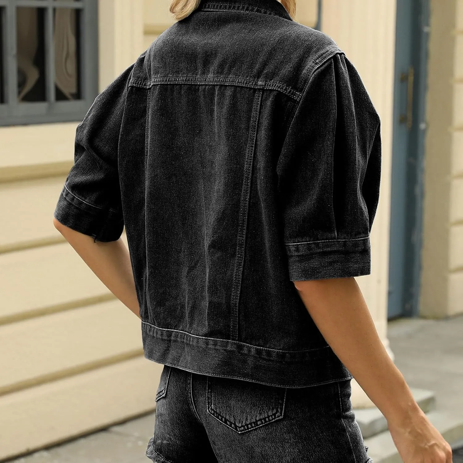 Hulpvktsgiq Women's Washed Denim Jacket Short Sleeve Turn-down Collar Button Jean Jackets Casual Coat Streetwear with Pockets