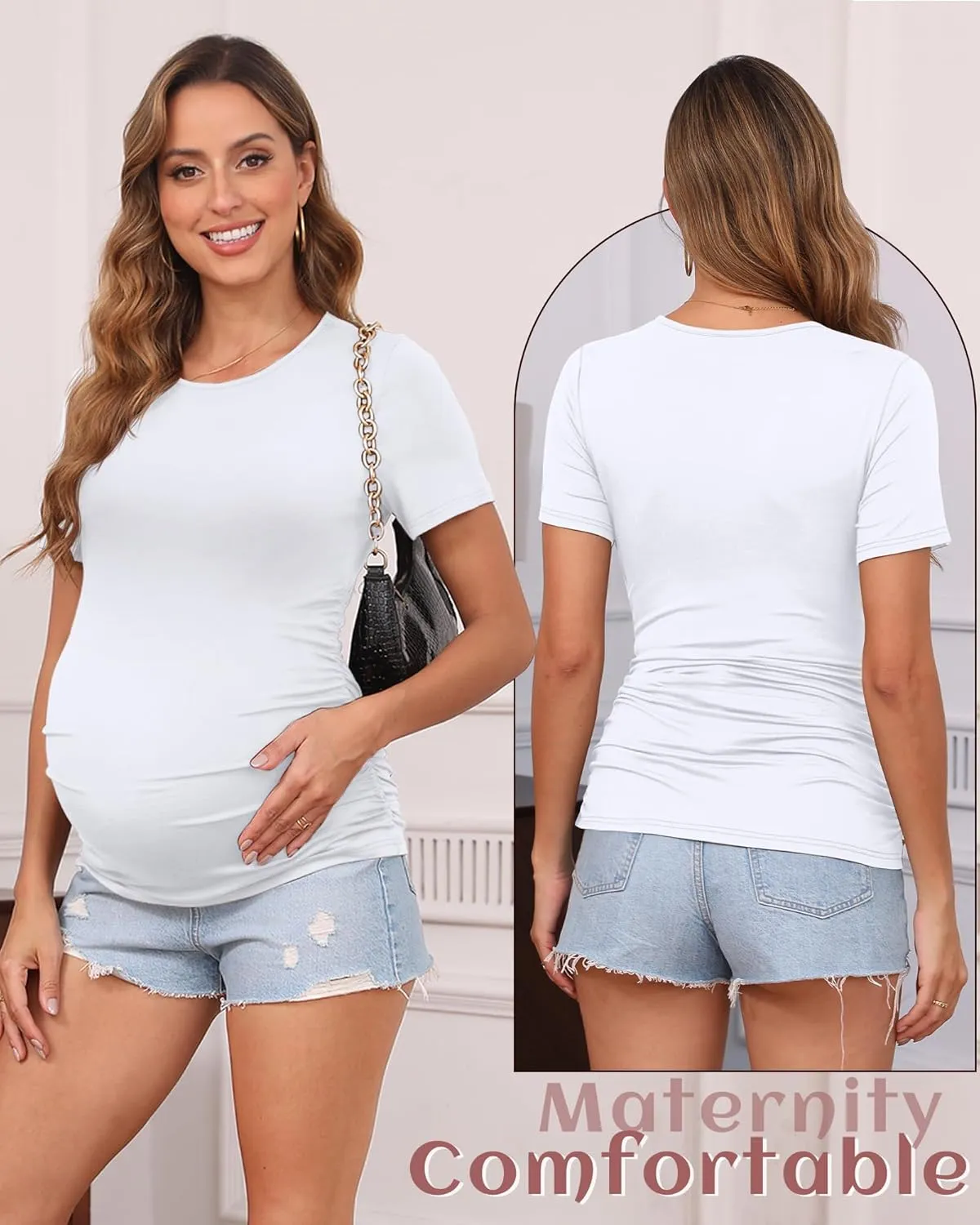Huukeay 4 Pack Women's Maternity Shirts, Crew Neck Maternity Top Short Sleeve Casual Cotton Tee Side Ruched Pregnancy Clothes
