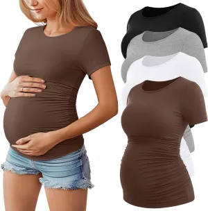 Huukeay 4 Pack Women's Maternity Shirts, Crew Neck Maternity Top Short Sleeve Casual Cotton Tee Side Ruched Pregnancy Clothes