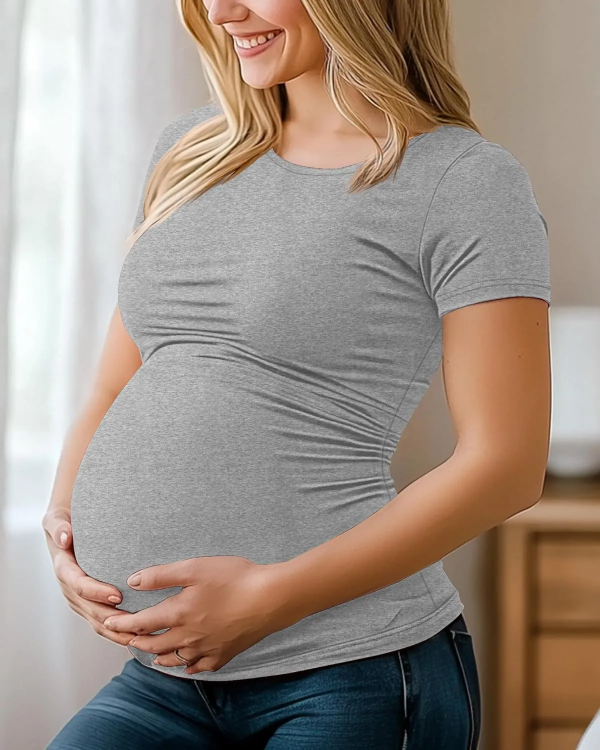 Huukeay 4 Pack Women's Maternity Shirts, Crew Neck Maternity Top Short Sleeve Casual Cotton Tee Side Ruched Pregnancy Clothes