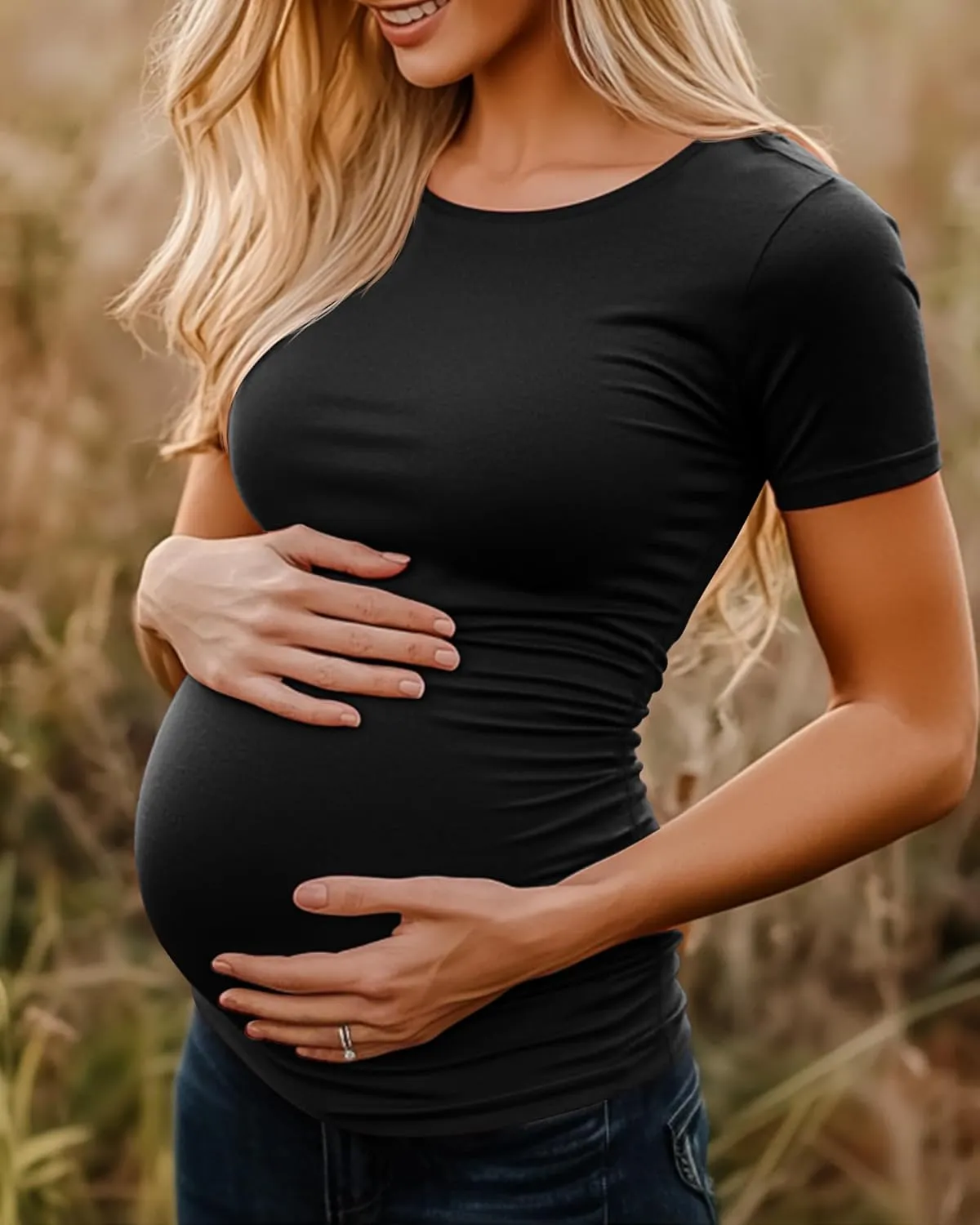 Huukeay 4 Pack Women's Maternity Shirts, Crew Neck Maternity Top Short Sleeve Casual Cotton Tee Side Ruched Pregnancy Clothes
