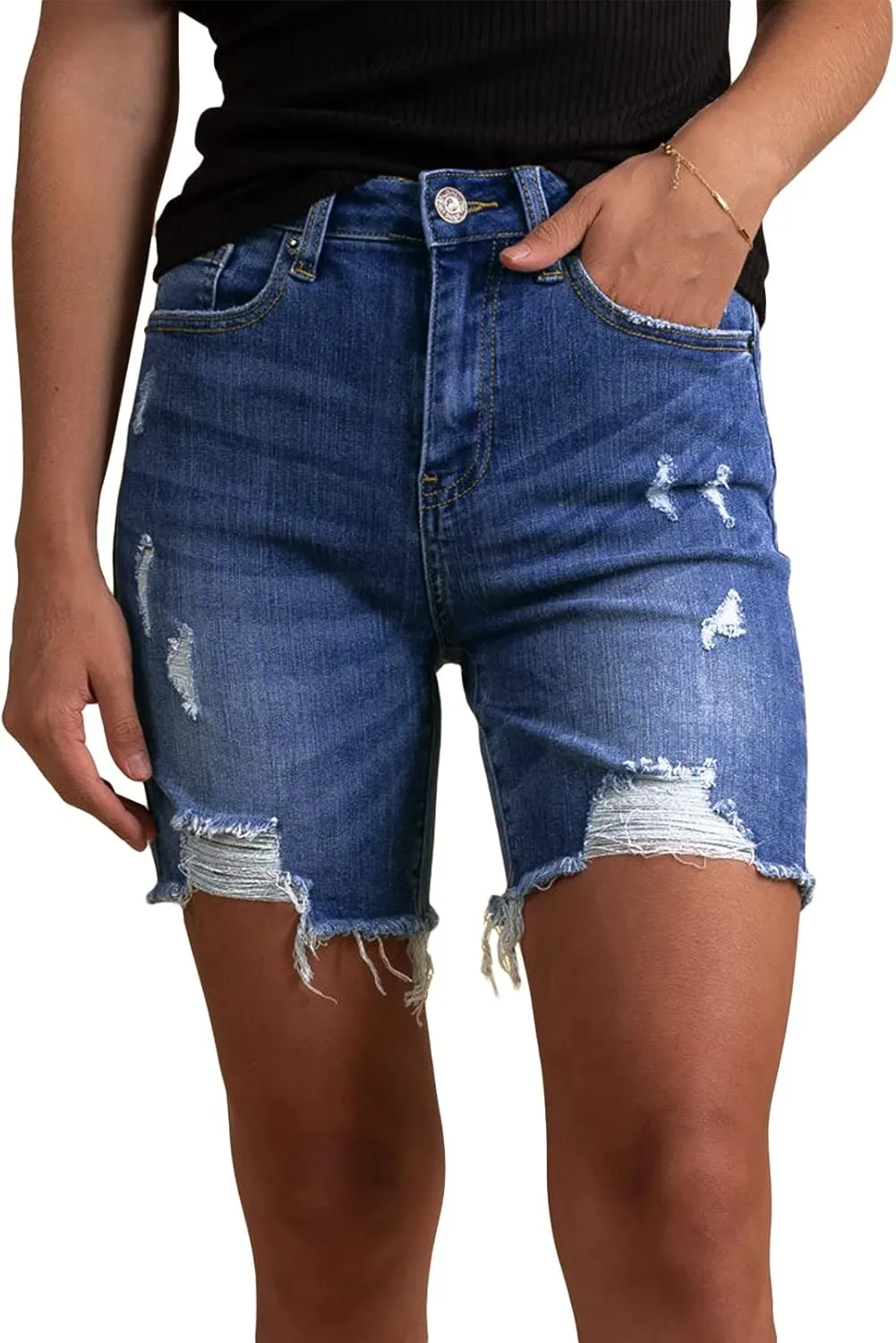 HUUSA Women's High Waist Ripped Denim Shorts Frayed Hem Destroyed Mid Thigh Short Jeans Casual Bermuda Shorts with Pocket