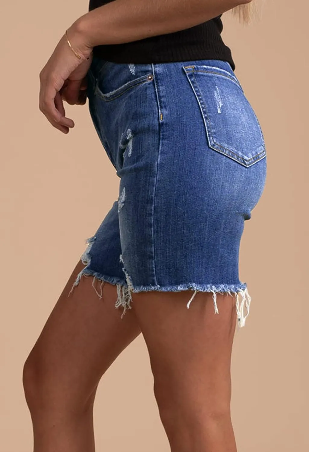 HUUSA Women's High Waist Ripped Denim Shorts Frayed Hem Destroyed Mid Thigh Short Jeans Casual Bermuda Shorts with Pocket