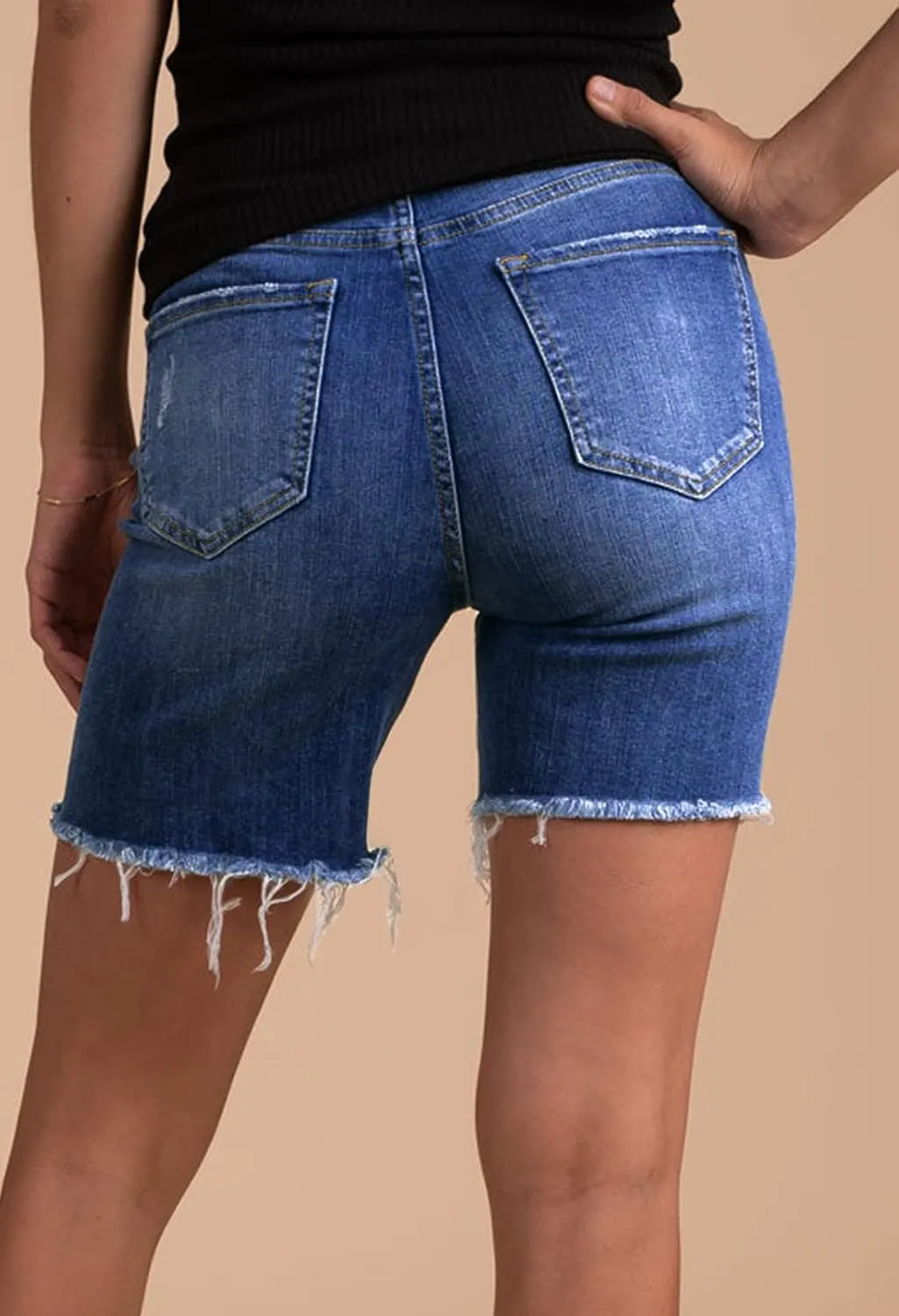 HUUSA Women's High Waist Ripped Denim Shorts Frayed Hem Destroyed Mid Thigh Short Jeans Casual Bermuda Shorts with Pocket