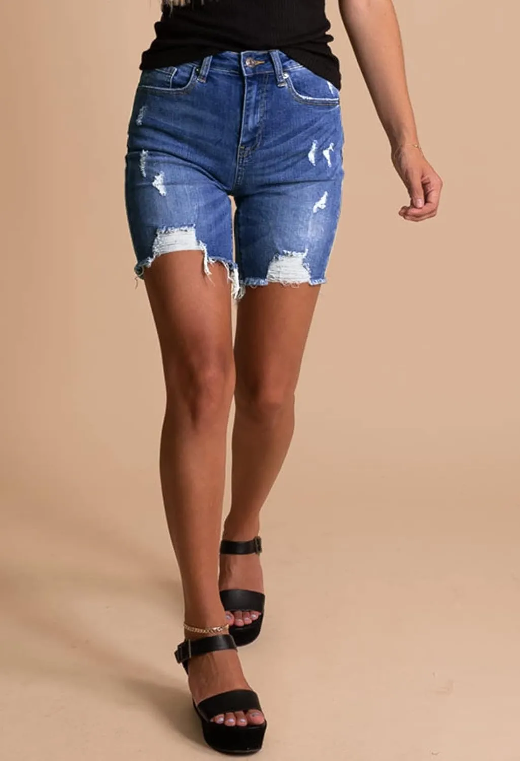 HUUSA Women's High Waist Ripped Denim Shorts Frayed Hem Destroyed Mid Thigh Short Jeans Casual Bermuda Shorts with Pocket