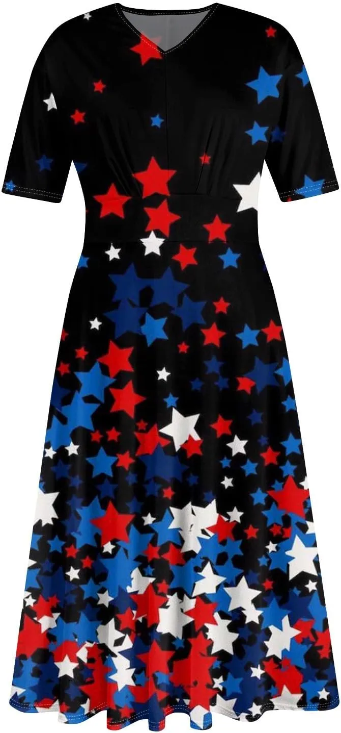 Independence Day Maxi Dresses for Women 2024 Short Sleeve Stars Stripes A-Line Summer Dresses, Small-5X-Large