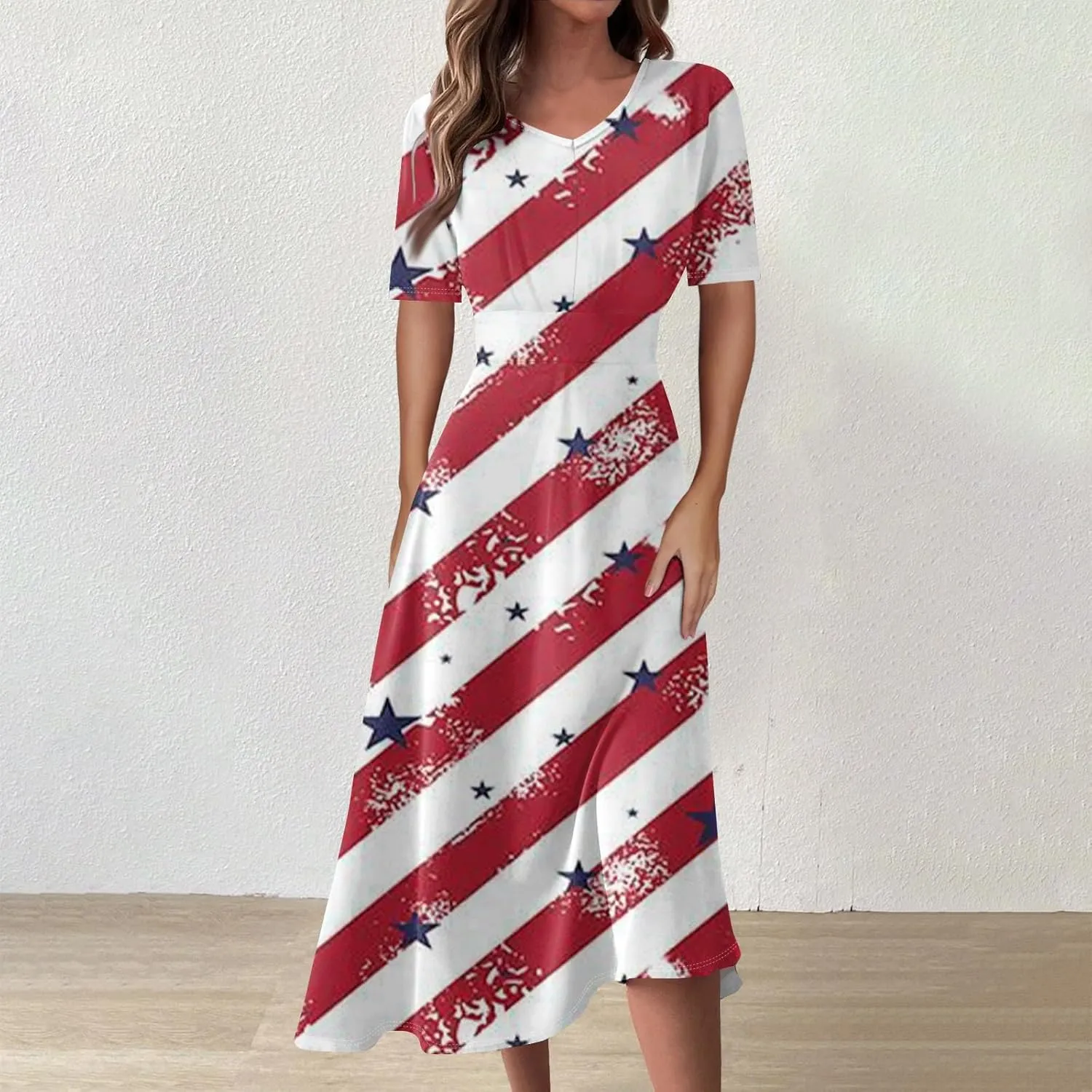 Independence Day Maxi Dresses for Women 2024 Short Sleeve Stars Stripes A-Line Summer Dresses, Small-5X-Large