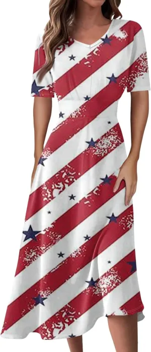 Independence Day Maxi Dresses for Women 2024 Short Sleeve Stars Stripes A-Line Summer Dresses, Small-5X-Large