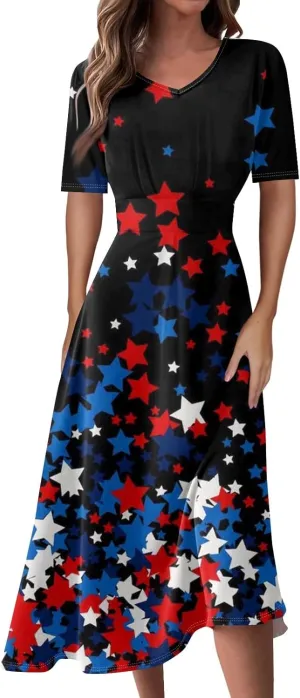 Independence Day Maxi Dresses for Women 2024 Short Sleeve Stars Stripes A-Line Summer Dresses, Small-5X-Large
