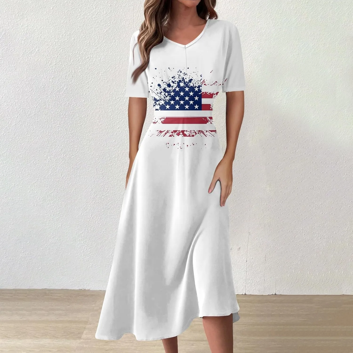 Independence Day Maxi Dresses for Women 2024 Short Sleeve Stars Stripes A-Line Summer Dresses, Small-5X-Large