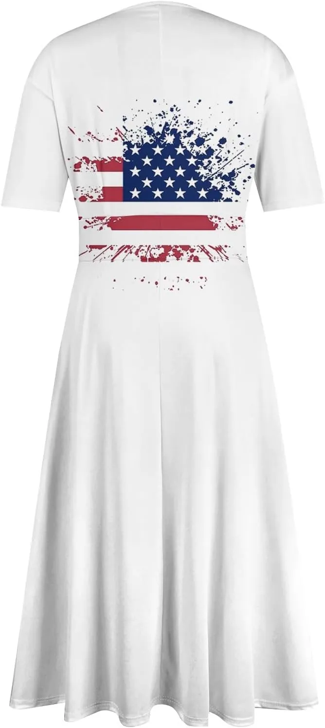 Independence Day Maxi Dresses for Women 2024 Short Sleeve Stars Stripes A-Line Summer Dresses, Small-5X-Large