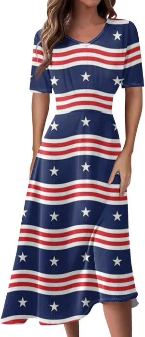Independence Day Maxi Dresses for Women 2024 Short Sleeve Stars Stripes A-Line Summer Dresses, Small-5X-Large