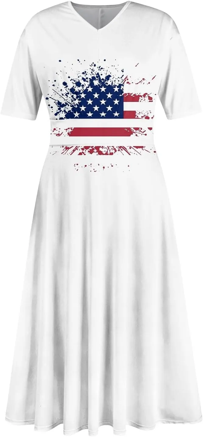 Independence Day Maxi Dresses for Women 2024 Short Sleeve Stars Stripes A-Line Summer Dresses, Small-5X-Large