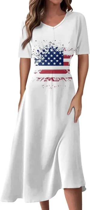 Independence Day Maxi Dresses for Women 2024 Short Sleeve Stars Stripes A-Line Summer Dresses, Small-5X-Large
