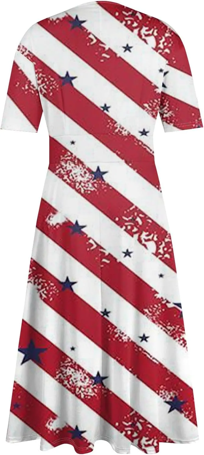 Independence Day Maxi Dresses for Women 2024 Short Sleeve Stars Stripes A-Line Summer Dresses, Small-5X-Large