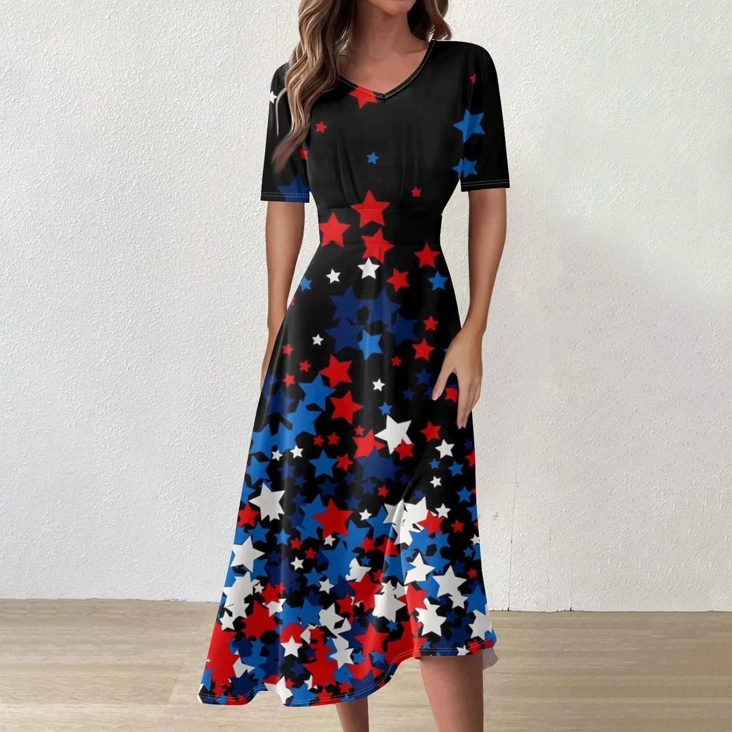 Independence Day Maxi Dresses for Women 2024 Short Sleeve Stars Stripes A-Line Summer Dresses, Small-5X-Large