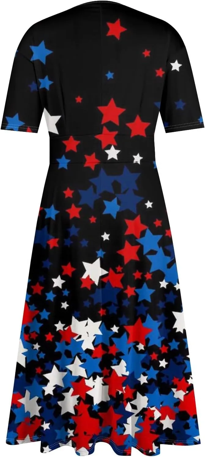 Independence Day Maxi Dresses for Women 2024 Short Sleeve Stars Stripes A-Line Summer Dresses, Small-5X-Large