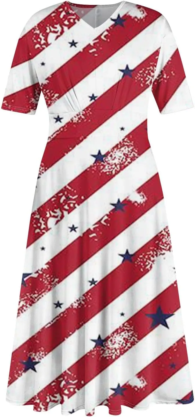 Independence Day Maxi Dresses for Women 2024 Short Sleeve Stars Stripes A-Line Summer Dresses, Small-5X-Large