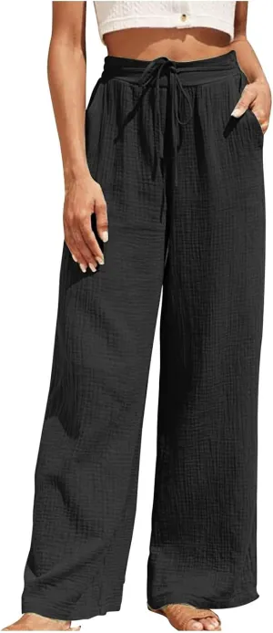 jsaierl Summer Wide Leg High Waist Pants for Women Ribbed Flowy Drawstring Vacation Trousers Boho Casual Beach Palazzo Pants