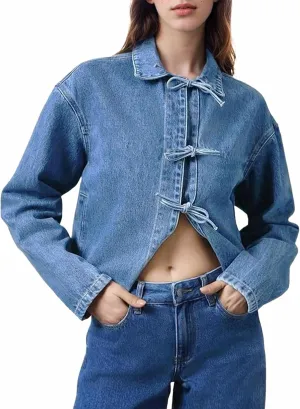 Kedera Womens Jean Jacket Tie Front Long Sleeve Denim Shacket Lapel Collar Tops Fall Winter Fashion Trendy Coat Blazer